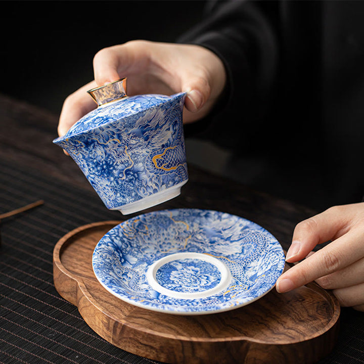 Taza de té y platillo de kung-fu con tapa, Buddha Stones, Thangka, Budas Dragón, cerámica de Dunhuang, Gaiwan, Sancai, 180 ml