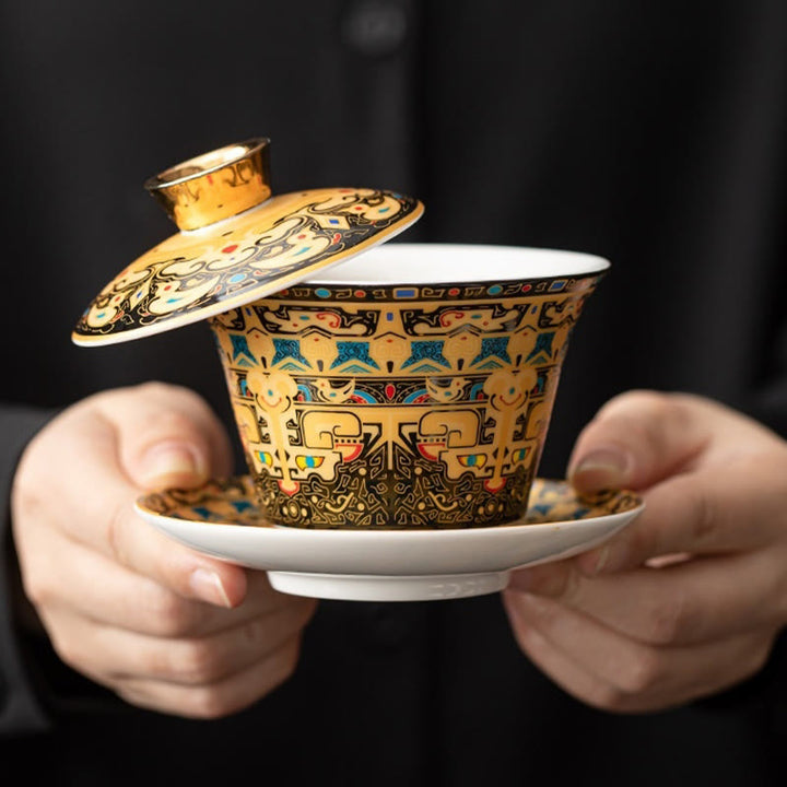 Taza de té y platillo de kung-fu con tapa, Buddha Stones, Thangka, Budas Dragón, cerámica de Dunhuang, Gaiwan, Sancai, 180 ml