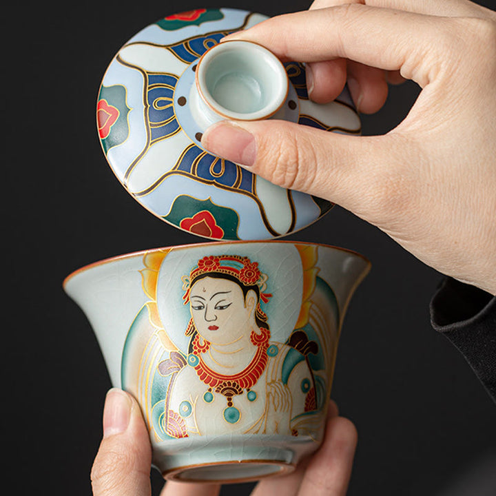 Taza de té y platillo de kung-fu con tapa, Buddha Stones, Thangka, Budas Dragón, cerámica de Dunhuang, Gaiwan, Sancai, 180 ml