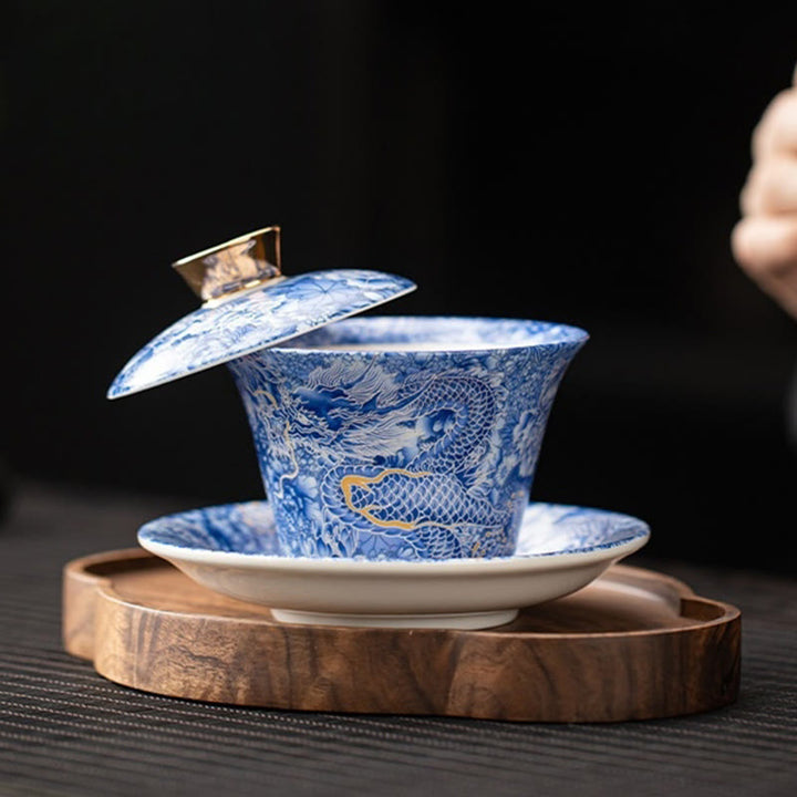 Taza de té y platillo de kung-fu con tapa, Buddha Stones, Thangka, Budas Dragón, cerámica de Dunhuang, Gaiwan, Sancai, 180 ml