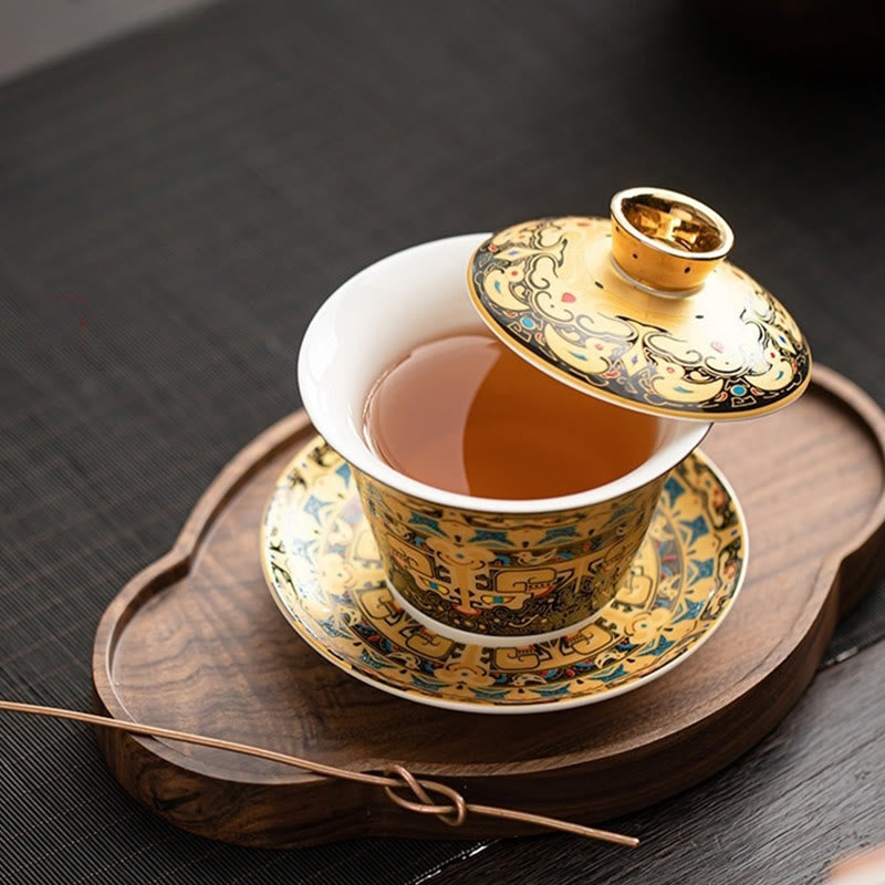 Taza de té y platillo de kung-fu con tapa, Buddha Stones, Thangka, Budas Dragón, cerámica de Dunhuang, Gaiwan, Sancai, 180 ml