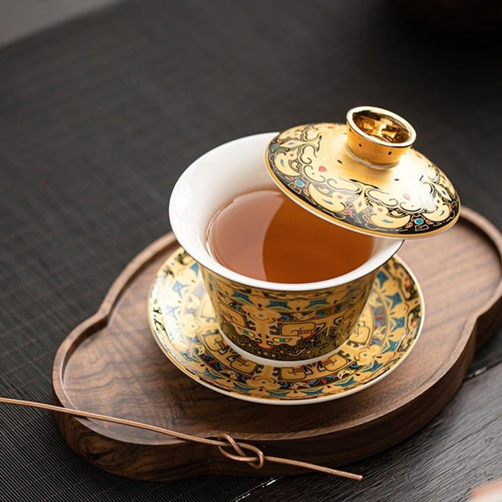 Taza de té y platillo de kung-fu con tapa, Buddha Stones, Thangka, Budas Dragón, cerámica de Dunhuang, Gaiwan, Sancai, 180 ml