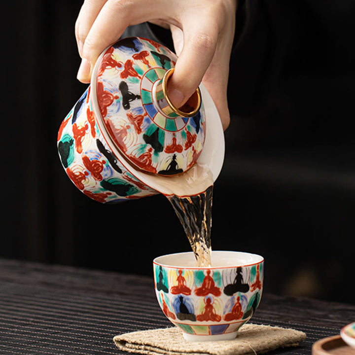 Taza de té y platillo de kung-fu con tapa, Buddha Stones, Thangka, Budas Dragón, cerámica de Dunhuang, Gaiwan, Sancai, 180 ml
