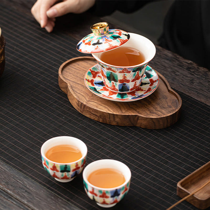 Taza de té y platillo de kung-fu con tapa, Buddha Stones, Thangka, Budas Dragón, cerámica de Dunhuang, Gaiwan, Sancai, 180 ml