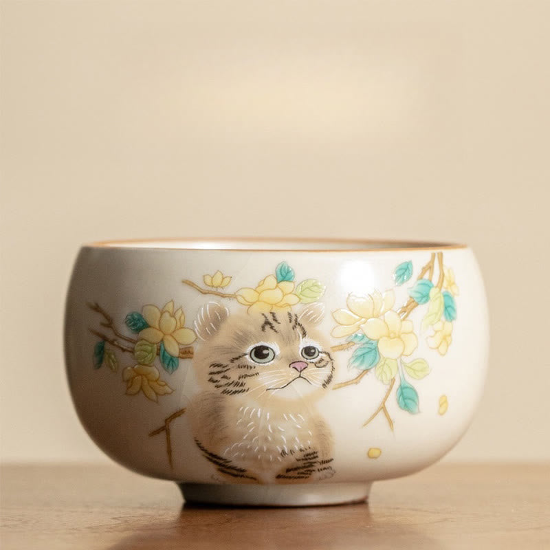 Taza de té de Kung Fu con diseño de Buddha Stones, gato, flores amarillas y conejo - Gato 6,8 cm x 4 cm x 80 ml - image 1