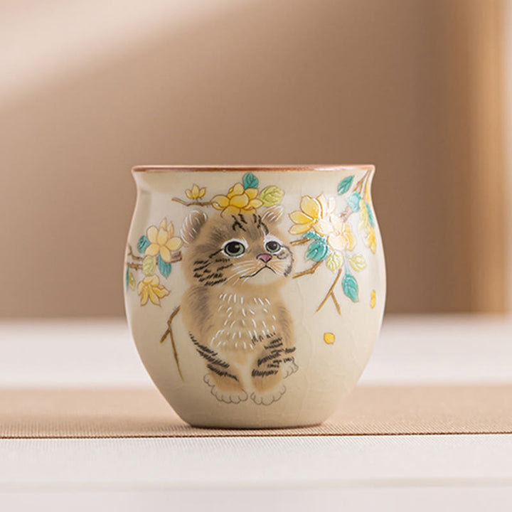 Taza de té de Kung Fu con diseño de Buddha Stones, gato, flores amarillas y conejo - Gato 5,9 cm x 5,7 cm x 90 ml - image 12