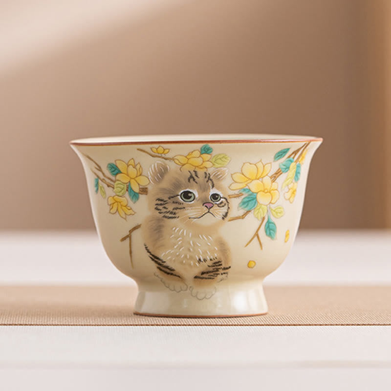 Taza de té de Kung Fu con diseño de Buddha Stones, gato, flores amarillas y conejo - Gato 7,6 cm x 5,5 cm x 70 ml - image 17