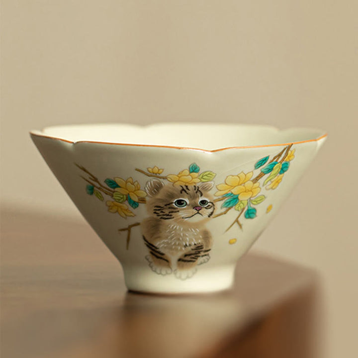 Taza de té de Kung Fu con diseño de Buddha Stones, gato, flores amarillas y conejo - Gato 10,2 cm x 5,3 cm x 120 ml - image 20