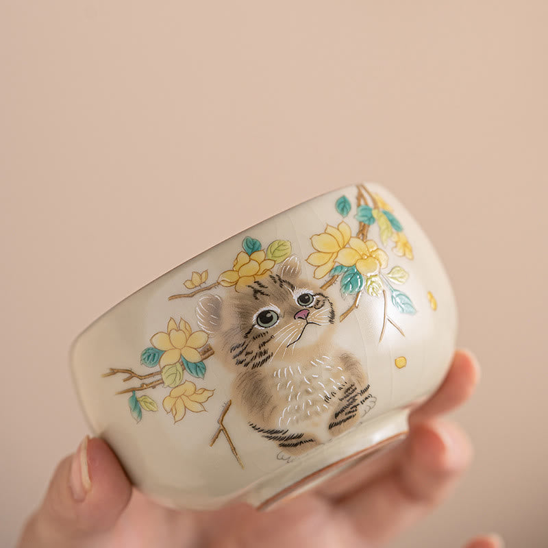 Taza de té de Kung Fu con diseño de Buddha Stones, gato, flores amarillas y conejo - image 2