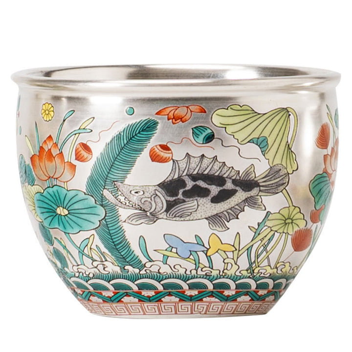 Taza de té de kung fu con diseño de Buddha Stones, pez, loto, algas, valle, montañas, pino, dragón y caja de regalo.