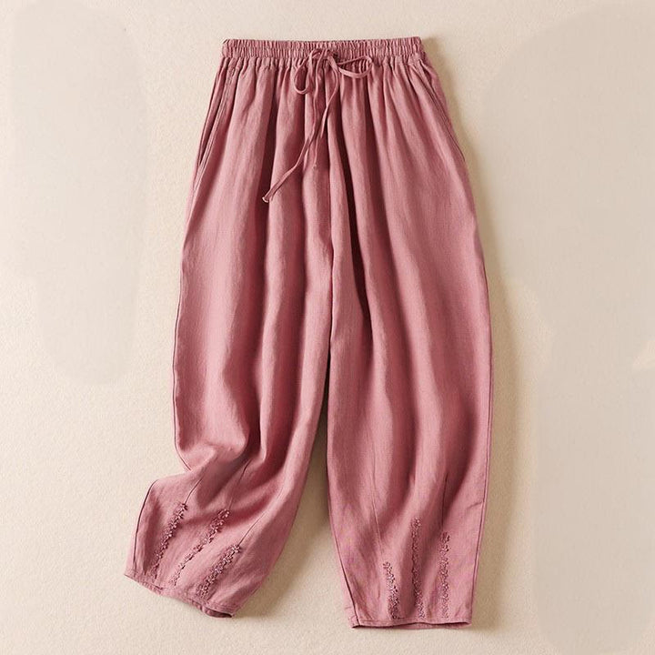 Pantalones harén con bordado de flores pequeñas de verano y bolsillos de Buddha Stones - Rosa claro - US8-10，UK/AU12-14，EU40-42 (2XL) - image 11