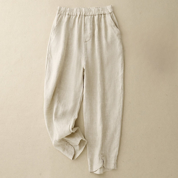 Pantalones harén de lino y algodón para mujer con diseño de botones laterales de color liso y bolsillos de Buddha Stones para verano - Beige - US8-10，UK/AU12-14，EU40-42 (2XL) - image 4