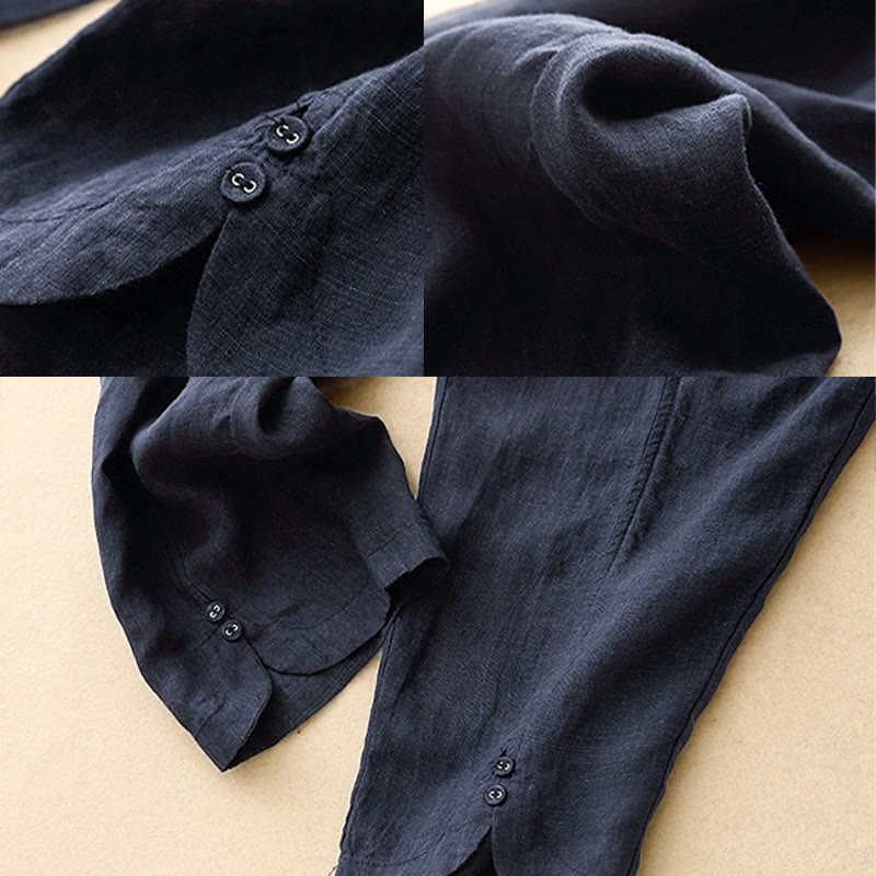 Pantalones harén de lino y algodón para mujer con diseño de botones laterales de color liso y bolsillos de Buddha Stones para verano - image 22