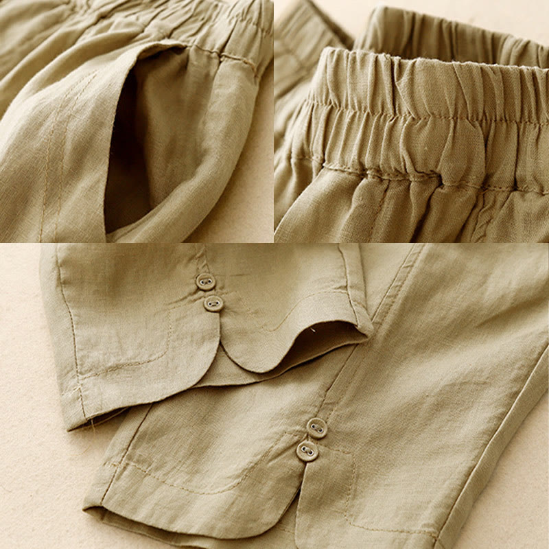 Pantalones harén de lino y algodón para mujer con diseño de botones laterales de color liso y bolsillos de Buddha Stones para verano - image 3