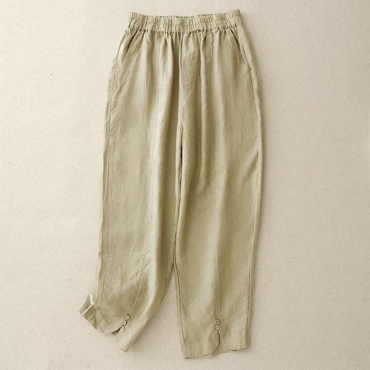 Pantalones harén de lino y algodón para mujer con diseño de botones laterales de color liso y bolsillos de Buddha Stones para verano - Vara de oro pálida - US8-10，UK/AU12-14，EU40-42 (2XL) - image 0