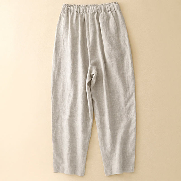 Pantalones harén de lino y algodón para mujer con diseño de botones laterales de color liso y bolsillos de Buddha Stones para verano - image 5