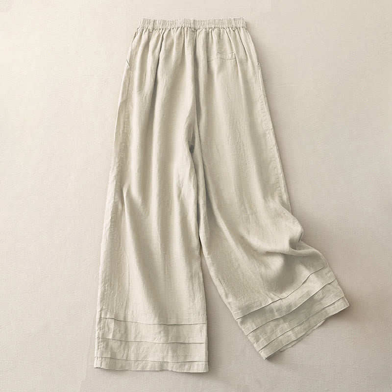 Pantalones de lino y algodón con puños plisados ​​de color liso vintage para mujer, con pernera ancha y bolsillos, de Buddha Stones - image 1