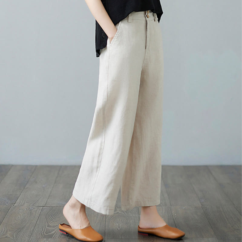 Pantalones de lino y algodón con diseño simple de patchwork de color liso para mujer con bolsillos de Buddha Stones Daily - image 4