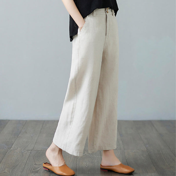 Pantalones de lino y algodón con diseño simple de patchwork de color liso para mujer con bolsillos de Buddha Stones Daily - image 4