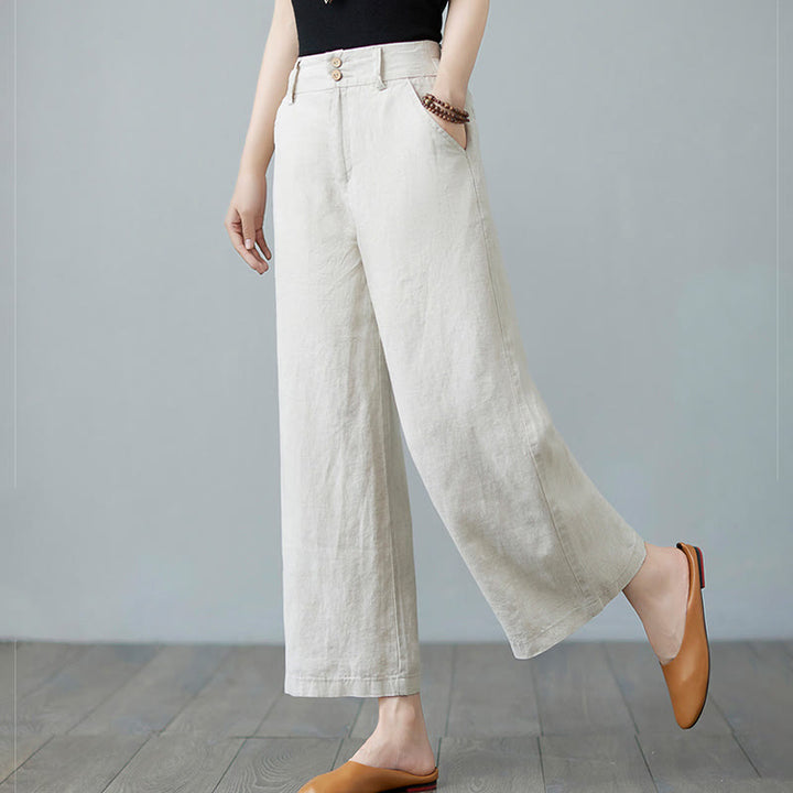 Pantalones de lino y algodón con diseño simple de patchwork de color liso para mujer con bolsillos de Buddha Stones Daily - image 2