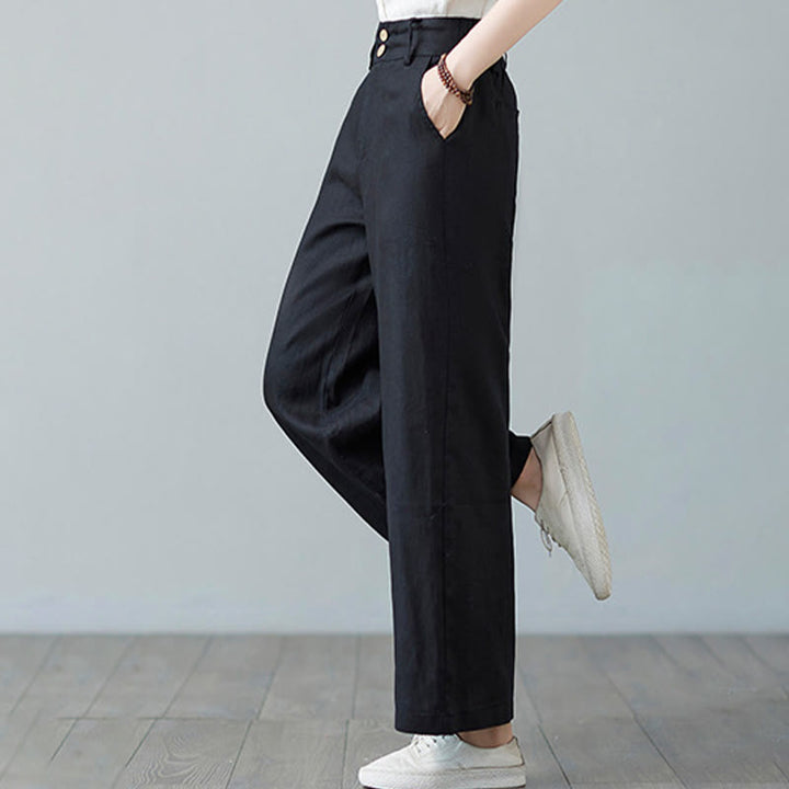 Pantalones de lino y algodón con diseño simple de patchwork de color liso para mujer con bolsillos de Buddha Stones Daily - image 26