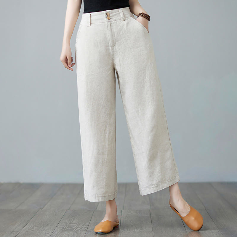 Pantalones de lino y algodón con diseño simple de patchwork de color liso para mujer con bolsillos de Buddha Stones Daily - Beige - US8-10，UK/AU12-14，EU40-42 (2XL) - image 0