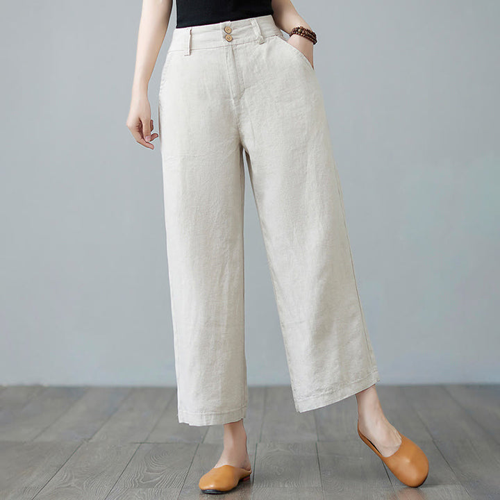 Pantalones de lino y algodón con diseño simple de patchwork de color liso para mujer con bolsillos de Buddha Stones Daily - Beige - US8-10，UK/AU12-14，EU40-42 (2XL) - image 0