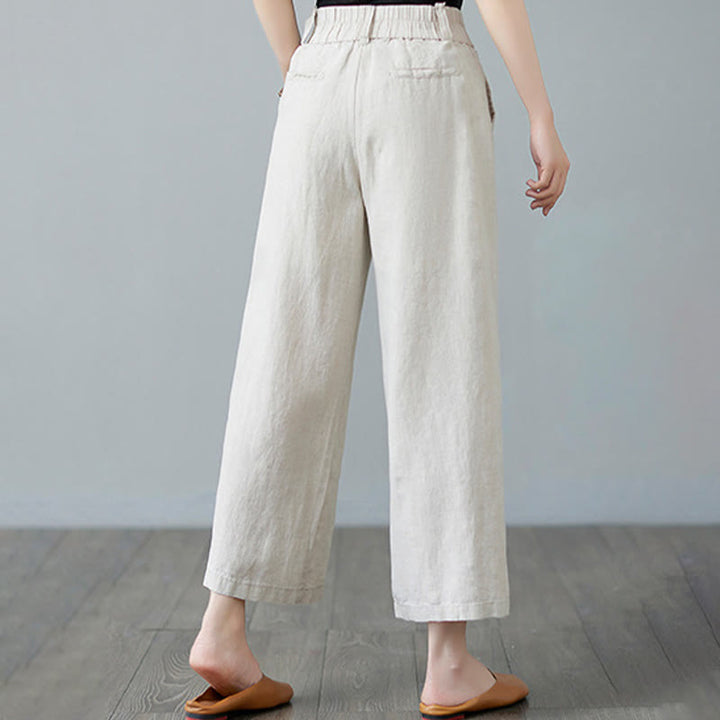 Pantalones de lino y algodón con diseño simple de patchwork de color liso para mujer con bolsillos de Buddha Stones Daily - image 6