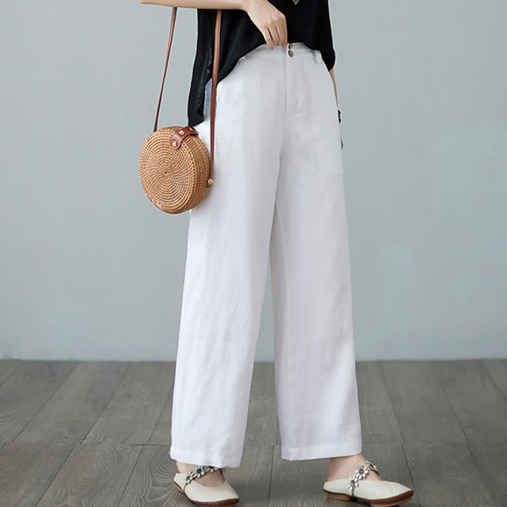 Pantalones de lino y algodón con diseño simple de patchwork de color liso para mujer con bolsillos de Buddha Stones Daily - image 20