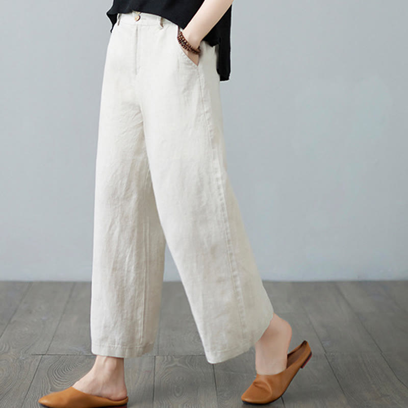 Pantalones de lino y algodón con diseño simple de patchwork de color liso para mujer con bolsillos de Buddha Stones Daily - image 3