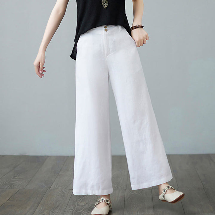 Pantalones de lino y algodón con diseño simple de patchwork de color liso para mujer con bolsillos de Buddha Stones Daily - image 16