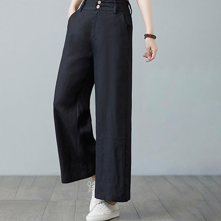 Pantalones de lino y algodón con diseño simple de patchwork de color liso para mujer con bolsillos de Buddha Stones Daily - image 25