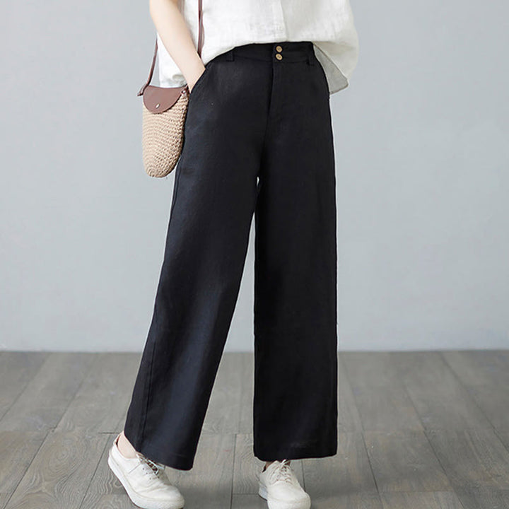 Pantalones de lino y algodón con diseño simple de patchwork de color liso para mujer con bolsillos de Buddha Stones Daily - image 24