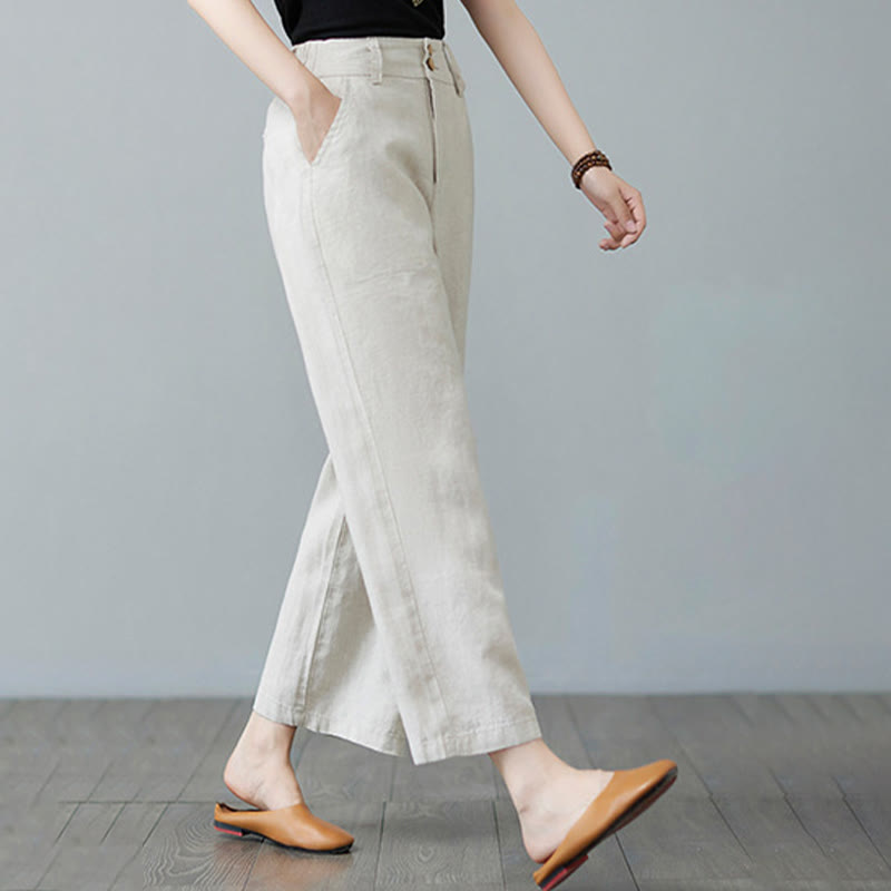 Pantalones de lino y algodón con diseño simple de patchwork de color liso para mujer con bolsillos de Buddha Stones Daily - image 7