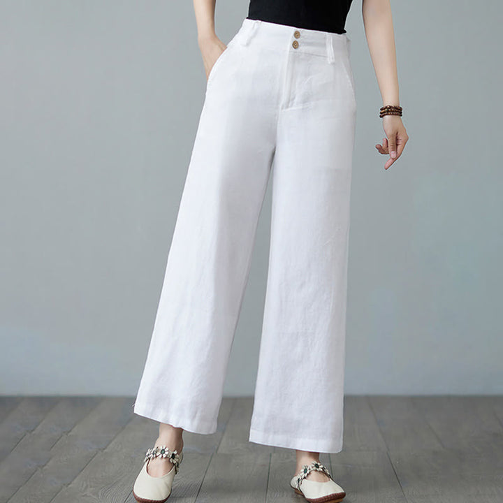 Pantalones de lino y algodón con diseño simple de patchwork de color liso para mujer con bolsillos de Buddha Stones Daily - image 15