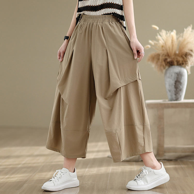 Pantalones anchos de algodón para mujer con diseño plisado irregular de verano y bolsillos de Buddha Stones