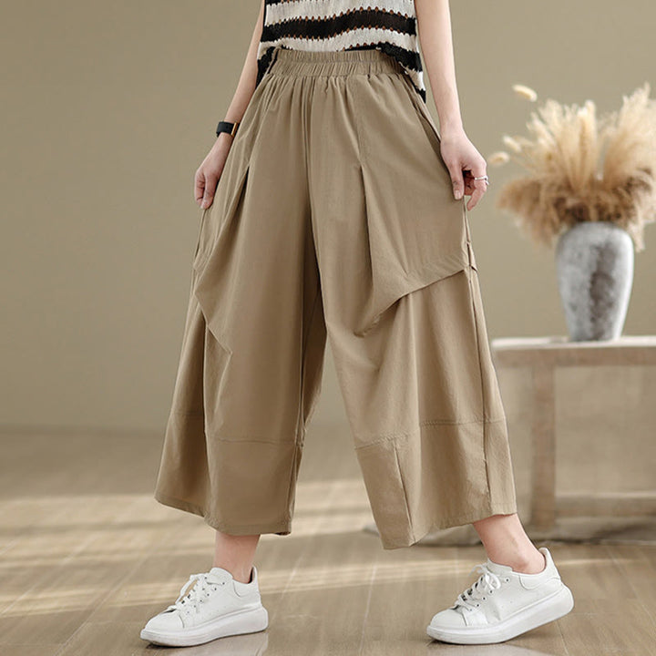 Pantalones anchos de algodón para mujer con diseño plisado irregular de verano y bolsillos de Buddha Stones
