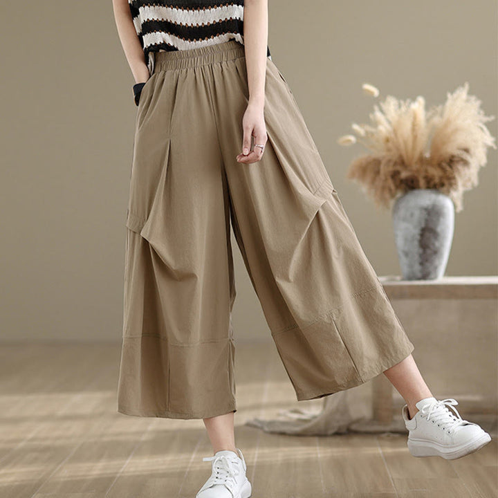 Pantalones anchos de algodón para mujer con diseño plisado irregular de verano y bolsillos de Buddha Stones
