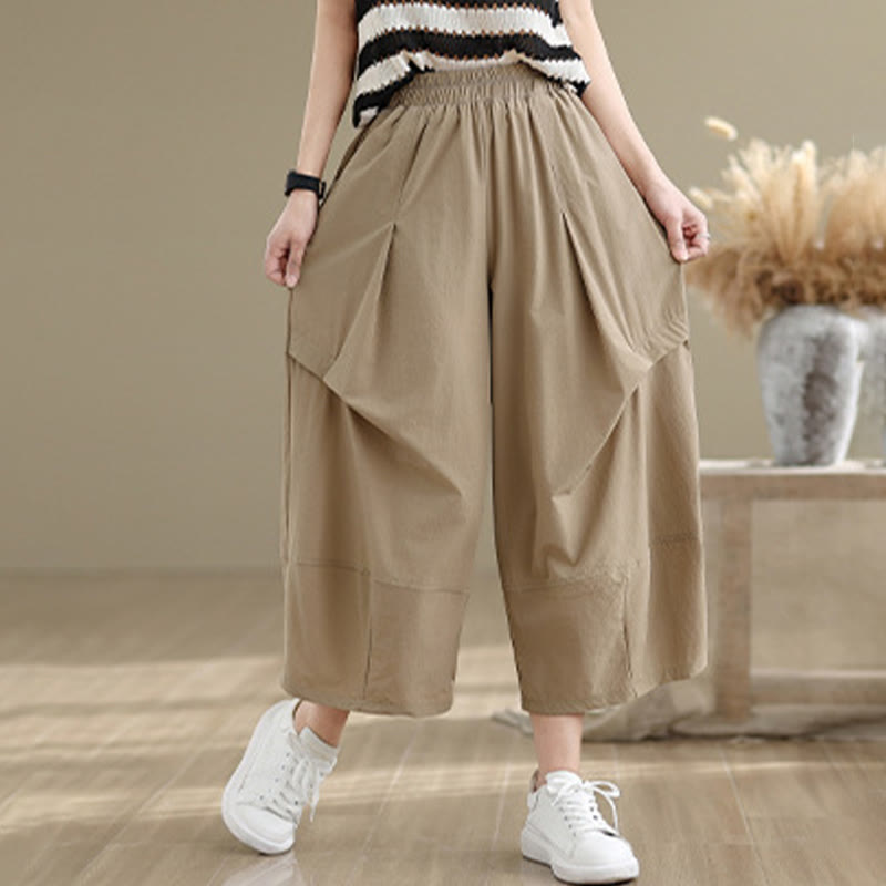 Pantalones anchos de algodón para mujer con diseño plisado irregular de verano y bolsillos de Buddha Stones