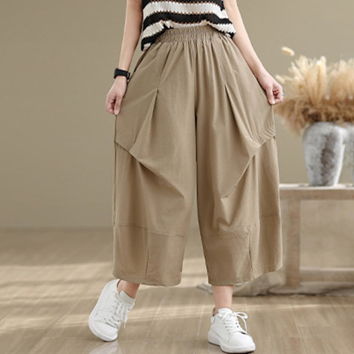 Pantalones anchos de algodón para mujer con diseño plisado irregular de verano y bolsillos de Buddha Stones