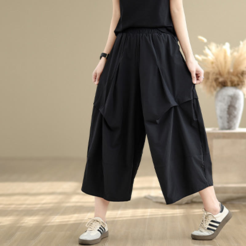 Pantalones anchos de algodón para mujer con diseño plisado irregular de verano y bolsillos de Buddha Stones