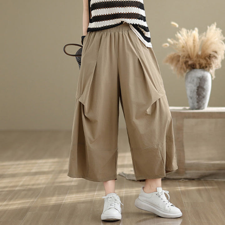Pantalones anchos de algodón para mujer con diseño plisado irregular de verano y bolsillos de Buddha Stones