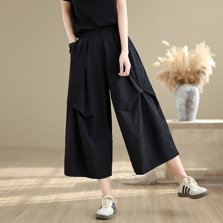 Pantalones anchos de algodón para mujer con diseño plisado irregular de verano y bolsillos de Buddha Stones