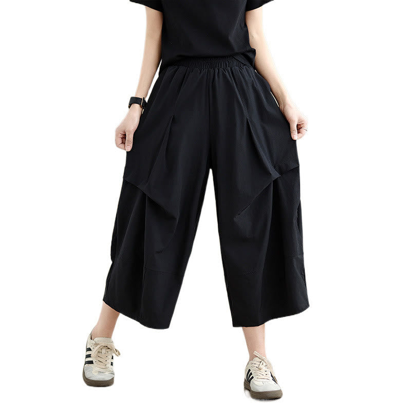 Pantalones anchos de algodón para mujer con diseño plisado irregular de verano y bolsillos de Buddha Stones