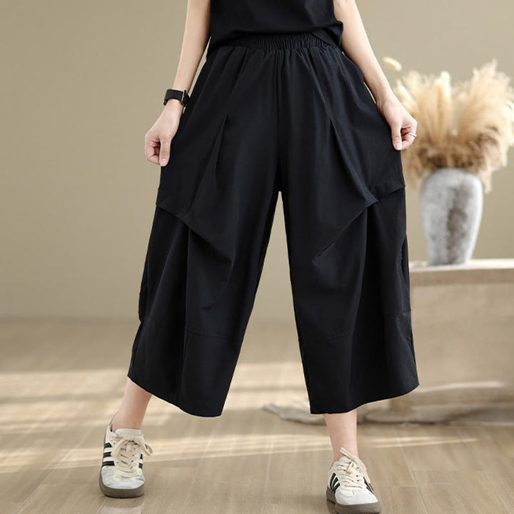 Pantalones anchos de algodón para mujer con diseño plisado irregular de verano y bolsillos de Buddha Stones
