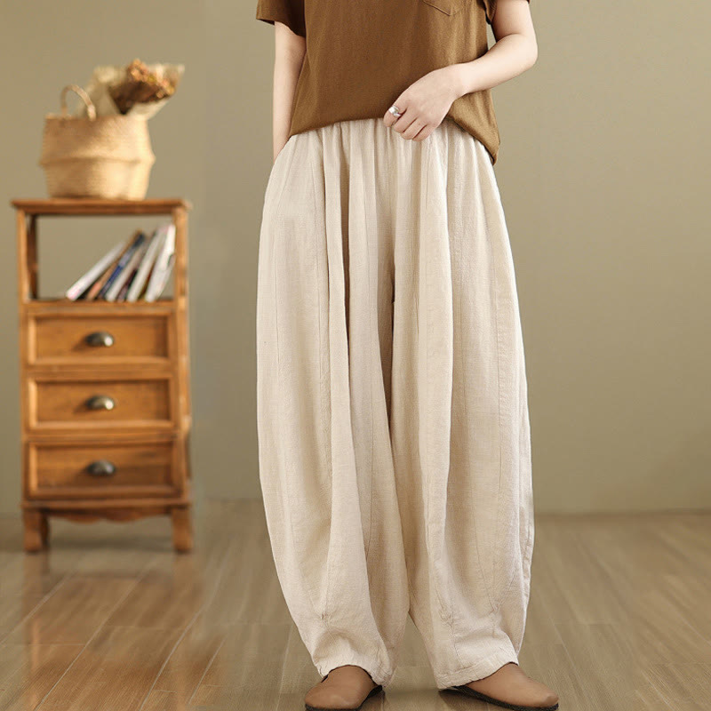 Pantalones anchos de lino y algodón para mujer con diseño de farol y patchwork vintage de Buddha Stones con bolsillos - Beige - US8-10，UK/AU12-14，EU40-42 (2XL) - image 18