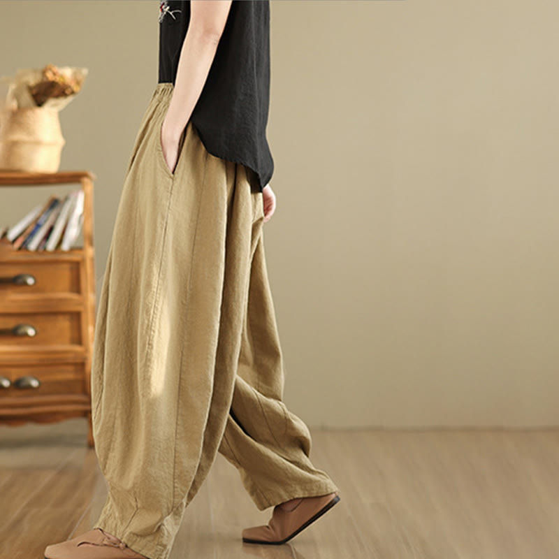 Pantalones anchos de lino y algodón para mujer con diseño de farol y patchwork vintage de Buddha Stones con bolsillos - image 14