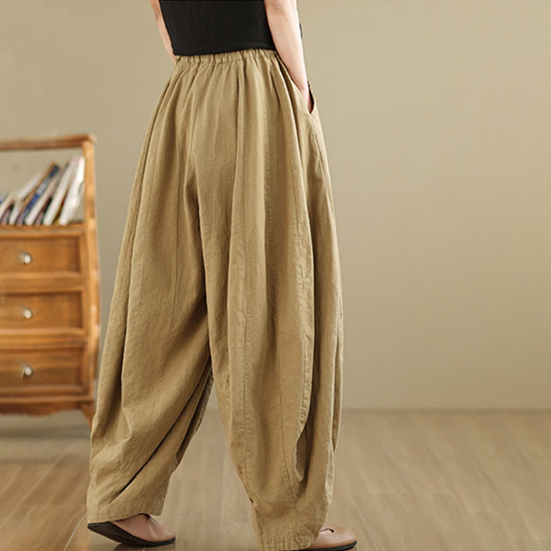 Pantalones anchos de lino y algodón para mujer con diseño de farol y patchwork vintage de Buddha Stones con bolsillos - image 16