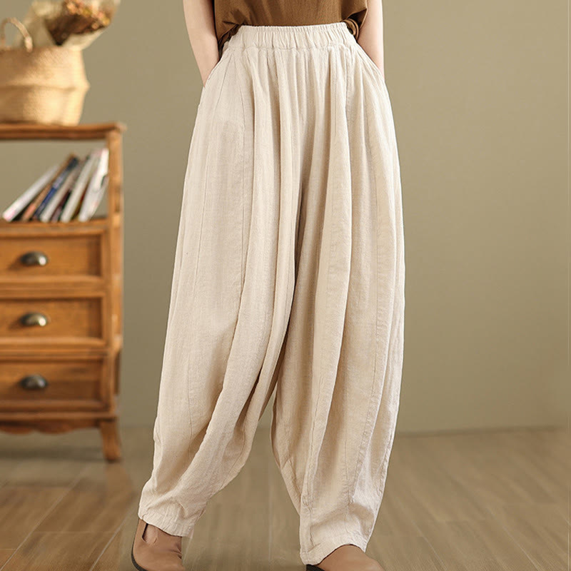 Pantalones anchos de lino y algodón para mujer con diseño de farol y patchwork vintage de Buddha Stones con bolsillos - image 20