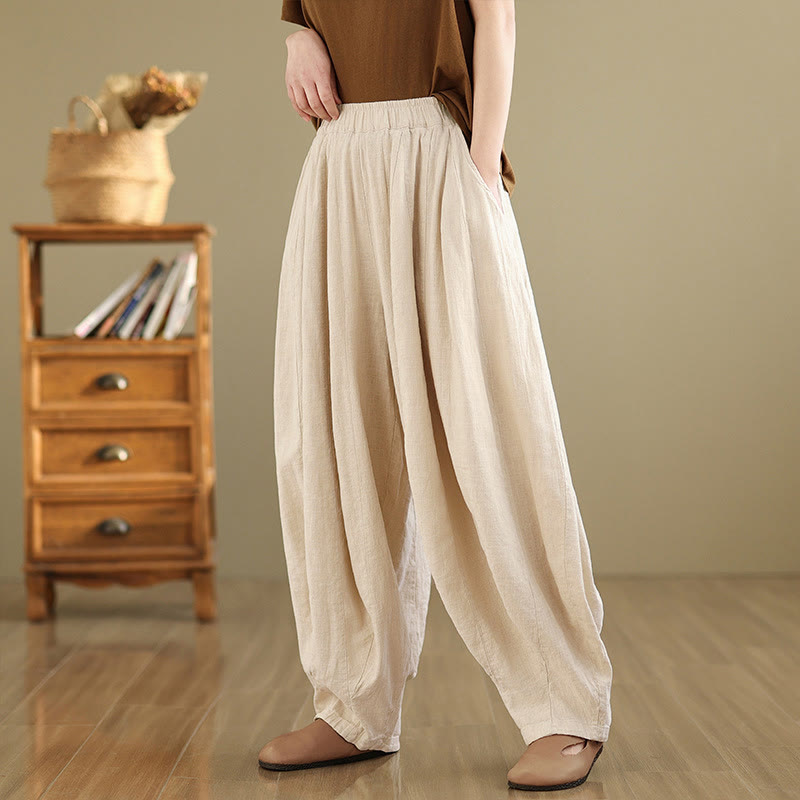 Pantalones anchos de lino y algodón para mujer con diseño de farol y patchwork vintage de Buddha Stones con bolsillos - image 22